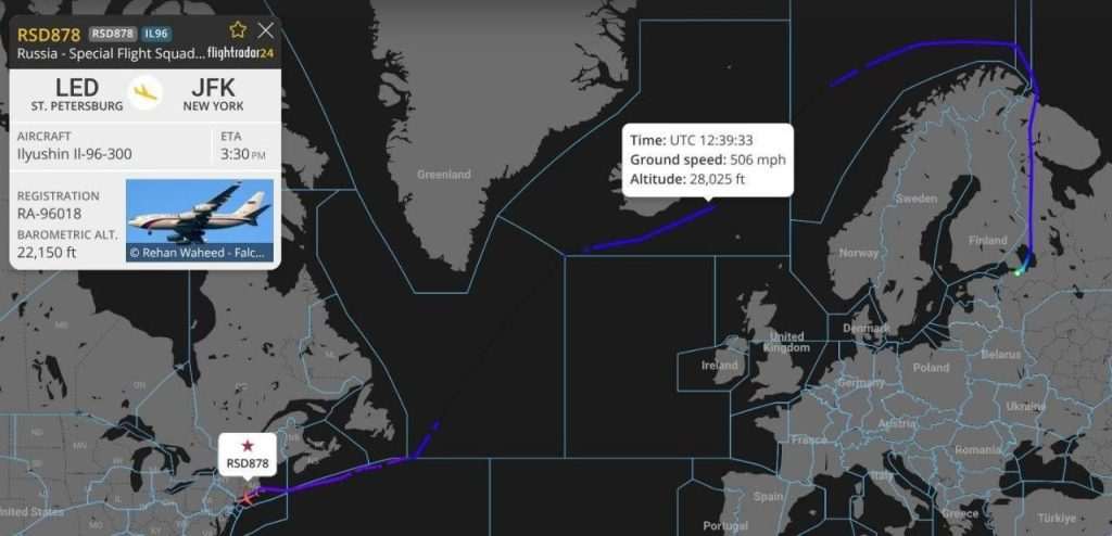 Урядовий літак РФ,Іл-96 RA-96018,Російський літак в США,Flightradar24 Урядовий літак РФ Російський літак в США