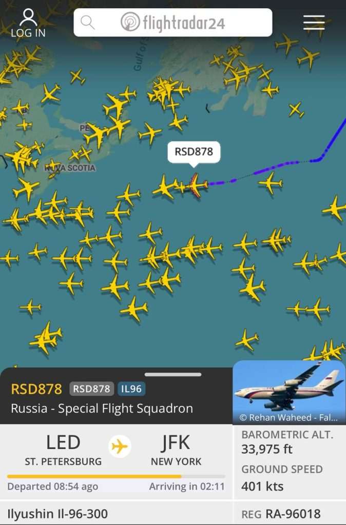 Урядовий літак РФ,Іл-96 RA-96018,Російський літак в США,Flightradar24 Урядовий літак РФ Російський літак в США